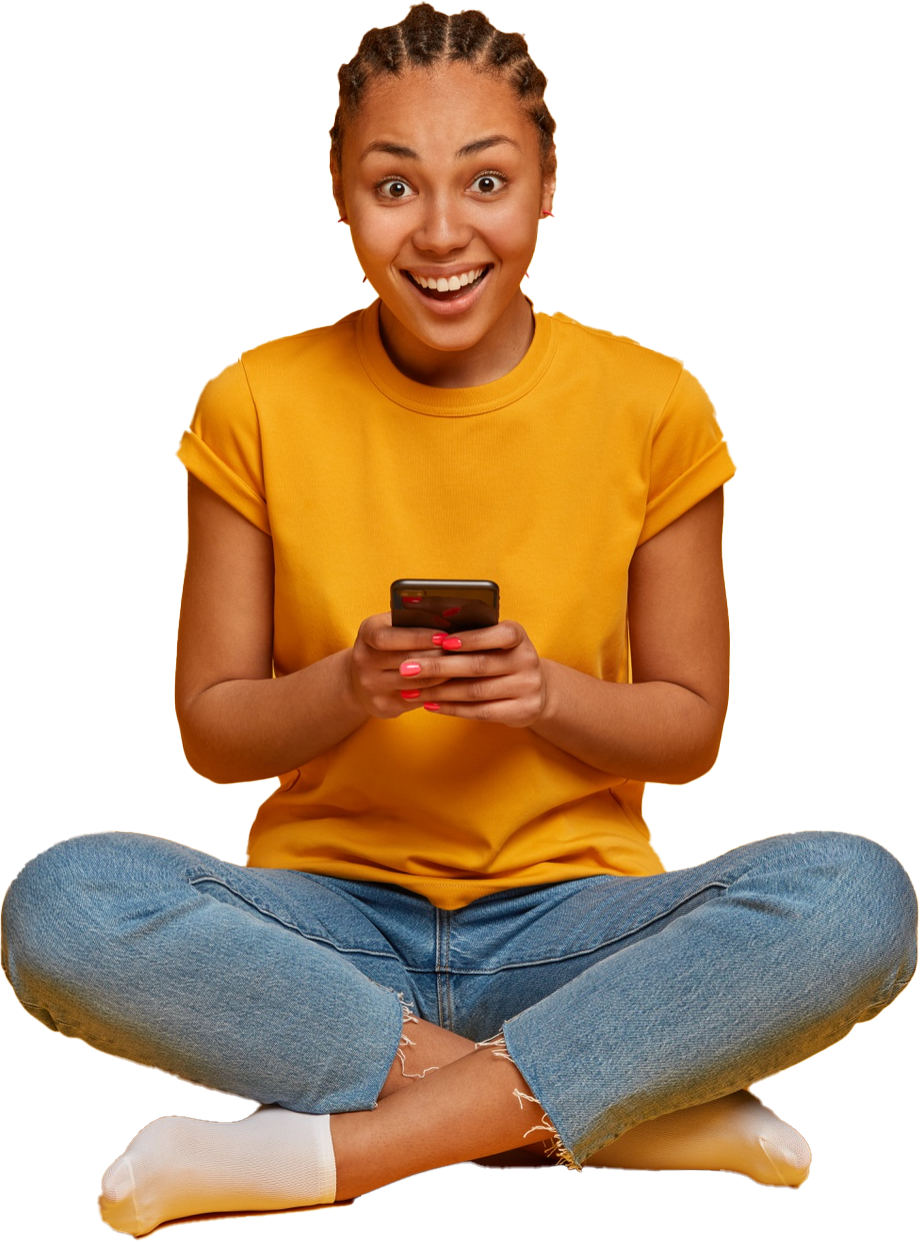 Image of smiling girl with mobile phone in hands